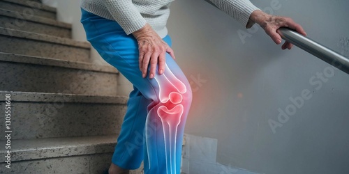 Elderly Woman Struggling to Climb Stairs, Holding Her Painful Knee with an X-Ray Highlighting Inflammation, Representing Osteoarthritis, Joint Pain, and Senior Healthcare.
