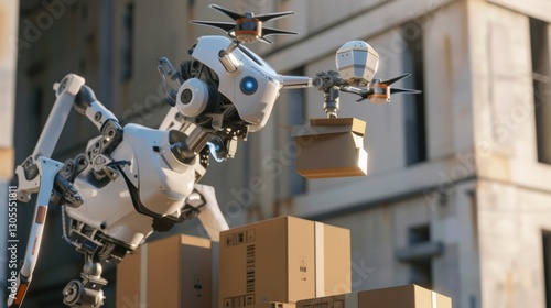 Robot working. Delivery drone carrying box. Robotic assistant lifts packages. Machine helps with shipping and transport. Automation in logistics. Parcel service robot with drones. photo