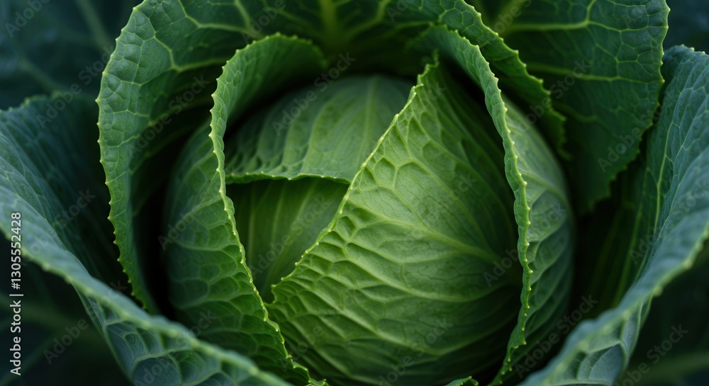 Obraz premium Close-up of Fresh Green Cabbage Head with Crinkled Leaves