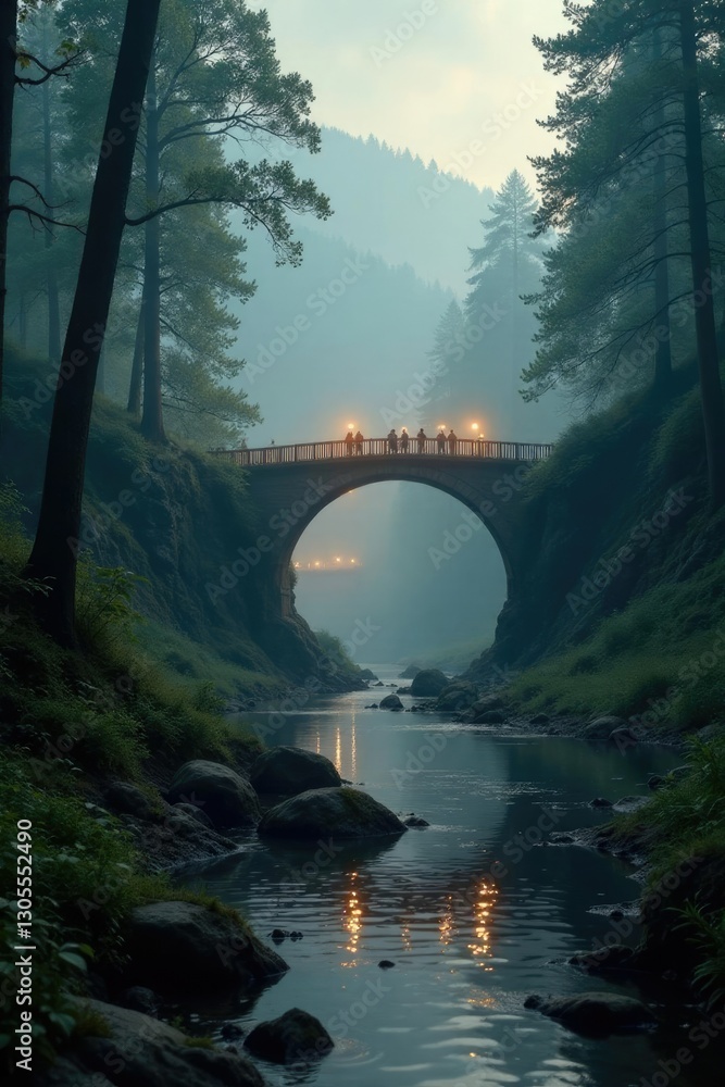 Fototapeta premium Mist-shrouded bridge spans serene forest stream with glowing yellow light, trees, foliage, arches