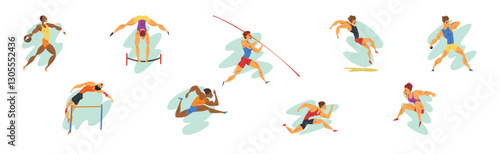 Man Athlete Characters in Action Perform Sport Activity Vector Set