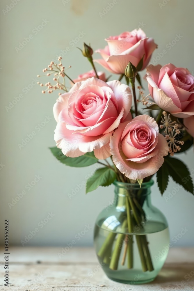 Fototapeta premium Soft pink vintage rose bouquet with delicate chicken feather texture background, bohemian, vintage