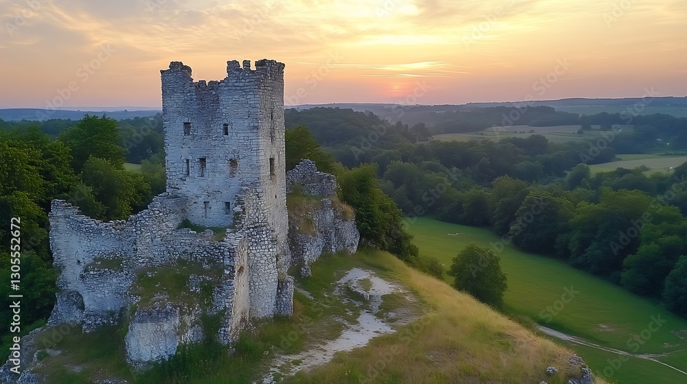 Sunset Hilltop Castle Ruins Panorama Sunset Hilltop Castle Ruins Panorama