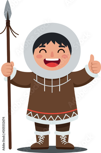Cheerful young boy in traditional winter clothing holds a spear and gives a thumbs-up in a fun flat vector illustration