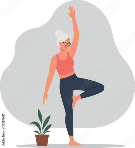 Elderly woman practicing yoga in a serene indoor setting with a potted plant, showcasing a flat design style in vibrant vector art