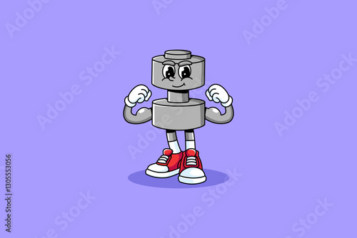dumbbell, halter fitness gym retro cartoon character mascot illustration with standing pose and showing both arm muscles for fitness gym bodybuilding sport club mascots and merchandise