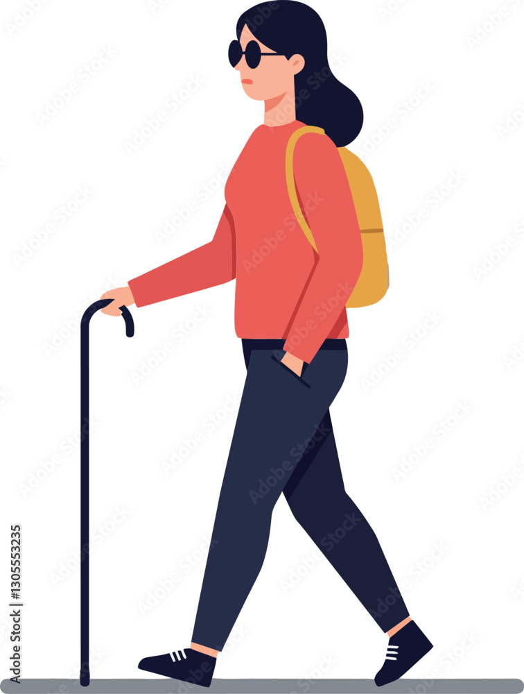 Fototapeta premium Woman walking confidently with a cane, wearing sunglasses and a backpack in a minimal and modern design style, vector illustration