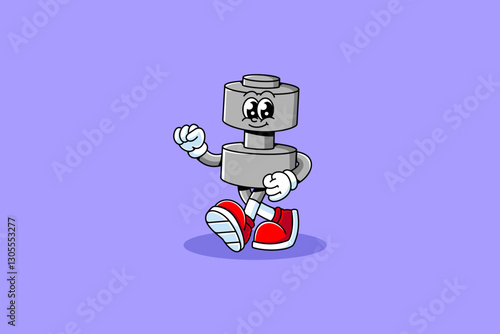 dumbbell, halter fitness gym retro cartoon character mascot illustration with walking pose and showing a cheerful face for fitness gym bodybuilding sport club mascots and merchandise