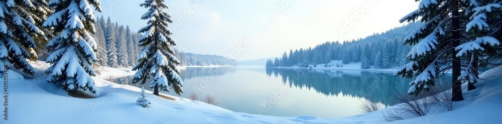 Dense snow-covered forest with tall evergreen trees and a frozen lake in the background, woodland, lake Dense snow-covered forest with tall evergreen trees and a frozen lake in the background, woodland, lake
