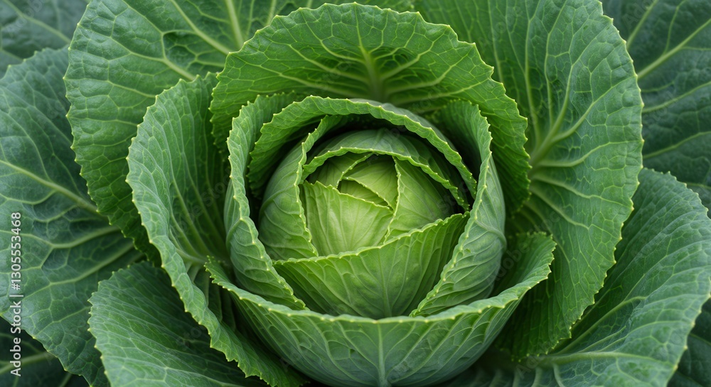 Fototapeta premium Close-up of Fresh Green Cabbage Head with Leafy Texture Detail