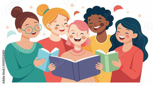 The book club members laugh and nod in agreement as they share personal connections to the books plot and themes.. Vector illustration