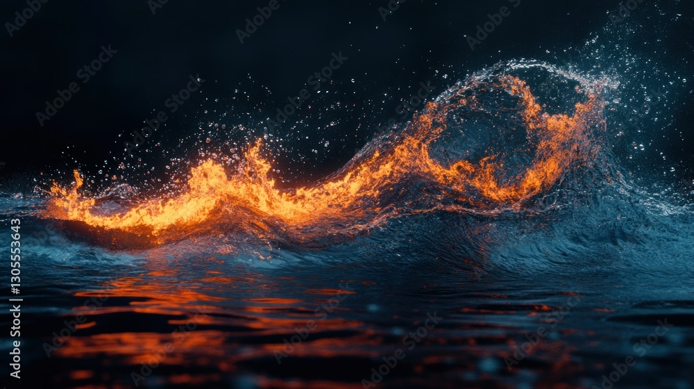 A fiery wave crashing and glowing dramatically in the dark A fiery wave crashing and glowing dramatically in the dark