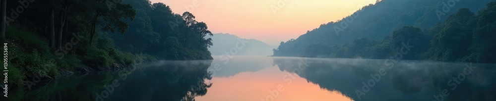 Fototapeta premium Misty dawn forest cliff reflected in river serene calm, forest, calm