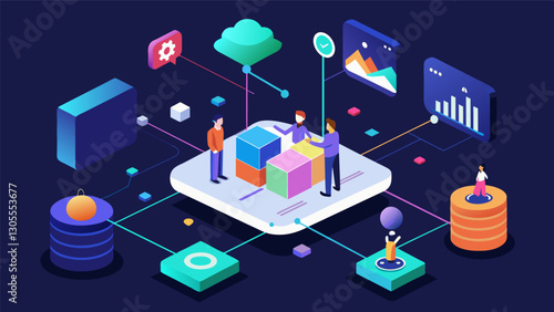 Through the use of 3D animation and augmented reality the presenter brings to life a vast network of data making it easier for the audience to comprehend and analyze.. Vector illustration