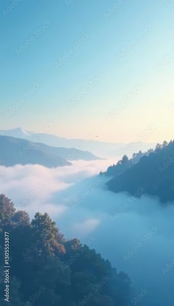 Obraz premium Soft whisper of sky blue fog lifts on a serene landscape, morning, peaceful