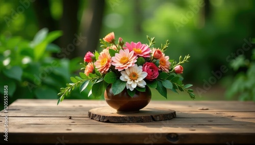 Wallpaper Mural Rustic wooden table features a charming floral centerpiece amidst lush greenery, leafy greens, farmhouse Torontodigital.ca