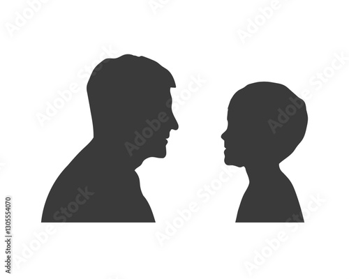 Silhouette side view portrait of senior man and child talking to each other. Grandfather and grandson conversation, flat style realistic drawing.