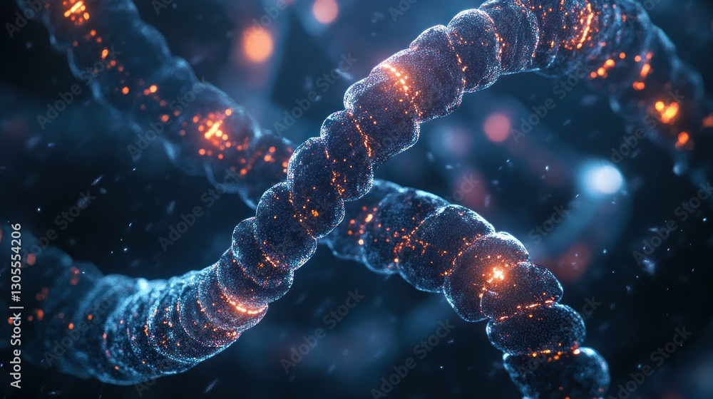 Detailed illuminated DNA strands float with a blurry background Detailed illuminated DNA strands float with a blurry background