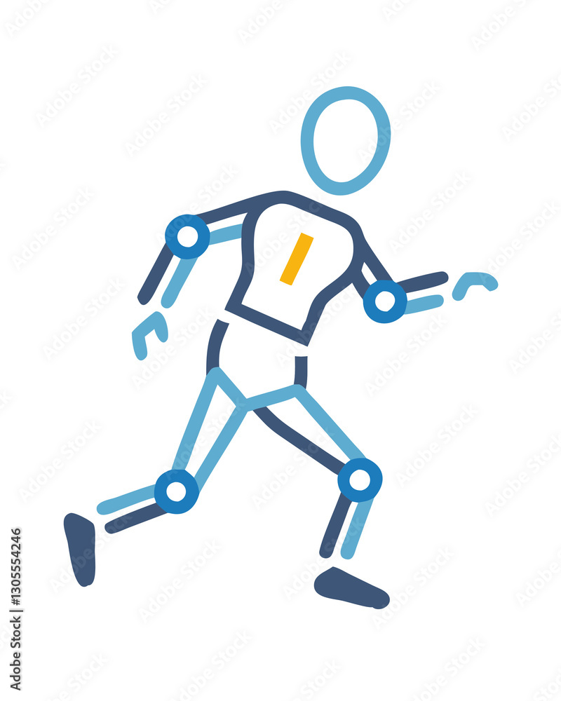Stylized graphic of a running figure with blue limbs, circular joints, and a black torso featuring a yellow number one on a black background. Stylized graphic of a running figure with blue limbs, circular joints, and a black torso featuring a yellow number one on a black background.