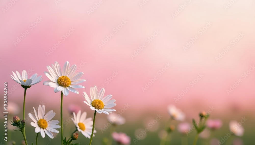 Fototapeta premium Chamomile flowers in a field against a pastel pink sky, pink, Chamomile, calming