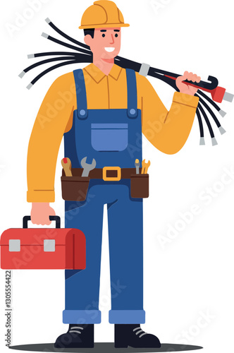 A smiling construction worker in yellow hard hat and blue overalls holding a toolbox and tools, detailed flat vector art