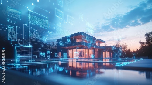 Smart home with digital interface at dusk