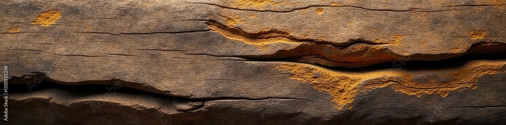 Rough-hewn wooden plank with deep cracks and rot, plank, fungus Rough-hewn wooden plank with deep cracks and rot, plank, fungus