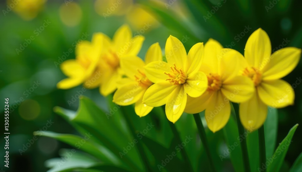 Obraz premium Row of bright yellow flowers with glistening water droplets on the leaves, nature, row, yellow