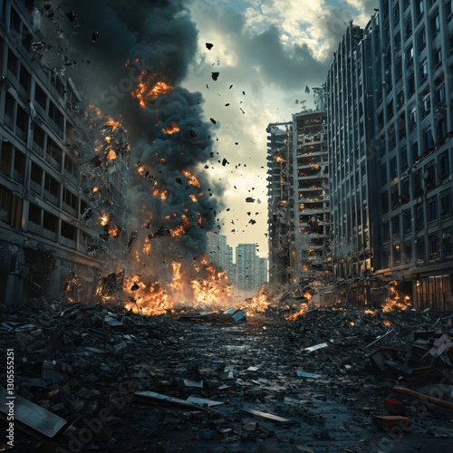 Destruction unfolds in a city after a fierce explosion during the late afternoon hours