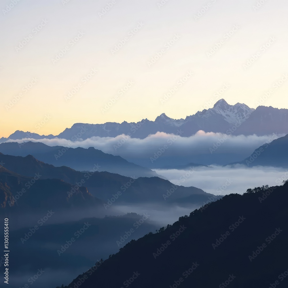 Fototapeta premium A mountain range at sunrise with mist and fog, mountain, outdoorsy, mist