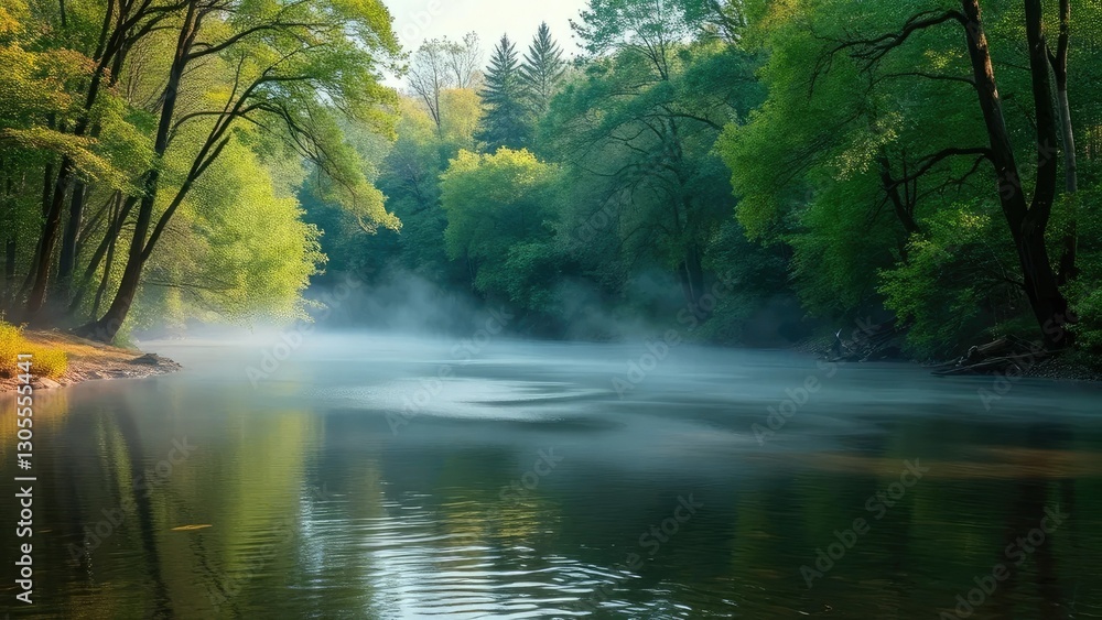 Fototapeta premium A misty veil rises from the calm river's surface, tranquility, forest
