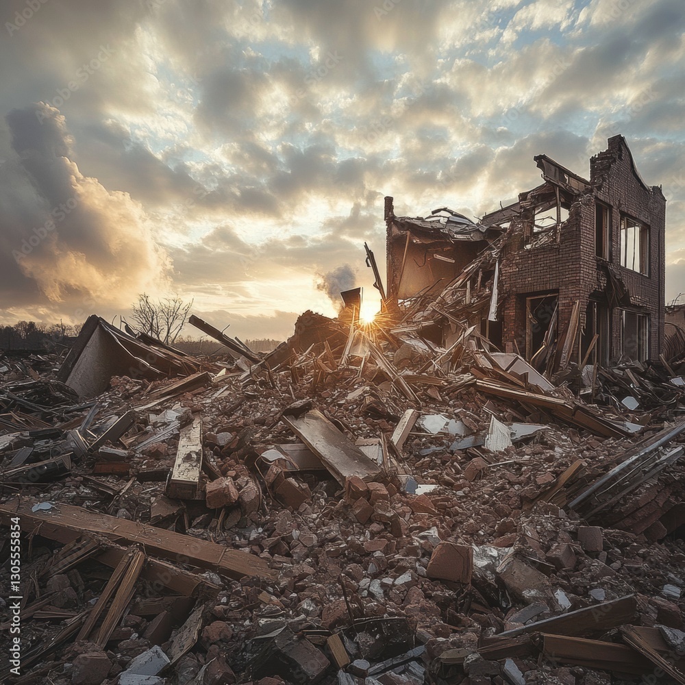 Destruction of a building leaves debris scattered under a dramatic sky at sunset Destruction of a building leaves debris scattered under a dramatic sky at sunset