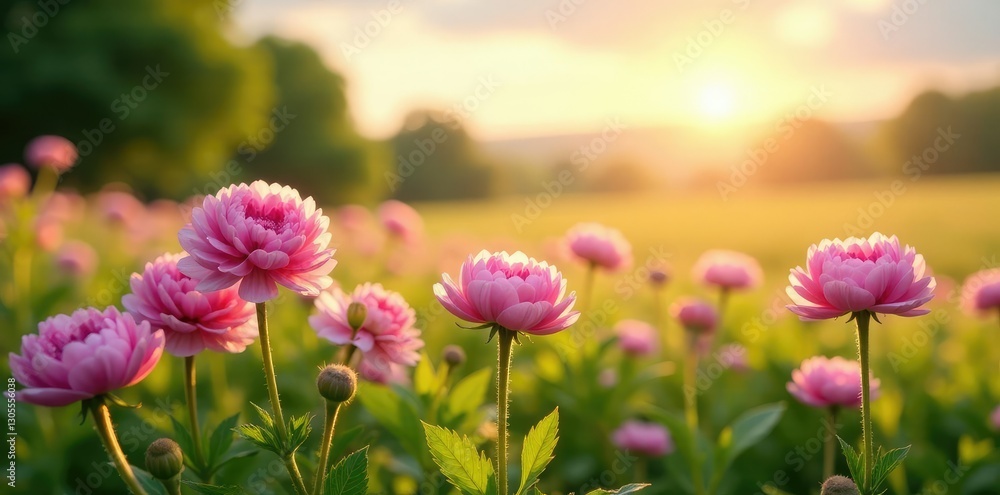 Soft pink ranunculus field with lush greenery and a warm sunny sky, springtime, ranunculus Soft pink ranunculus field with lush greenery and a warm sunny sky, springtime, ranunculus
