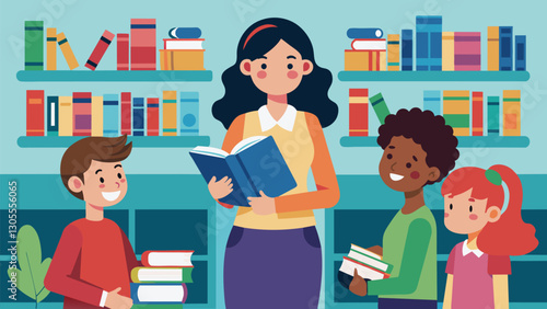 The school library was open for parents to browse and check out books while the librarian gave recommendations and shared upcoming book club events.. Vector illustration