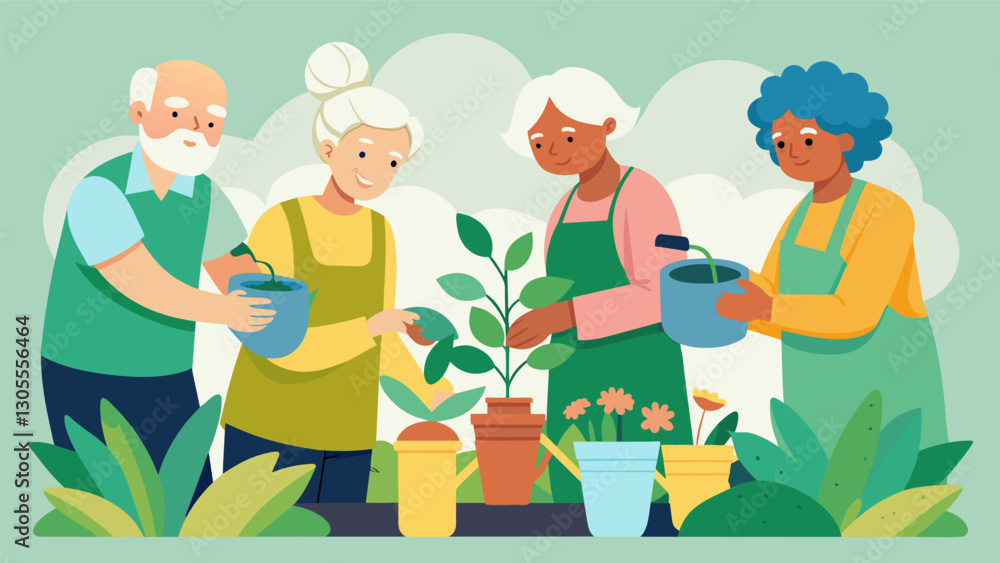 With gentle guidance from experienced gardeners a new generation of seniors learn the fundamentals of gardening in the Golden Years Gardening Club.. Vector illustration With gentle guidance from experienced gardeners a new generation of seniors learn the fundamentals of gardening in the Golden Years Gardening Club.. Vector illustration