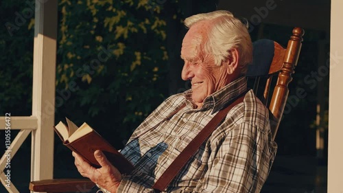 Elderly man in a rocking chair reading a book, bathed in warm sunset light. Side angle captures a serene, nostalgic video moment.