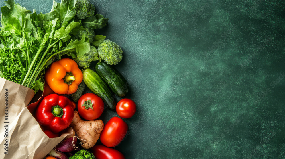 A group of fresh vegetables placed inside a paper bag on the left side of a green countertop, with an empty space on the right for product presentation A group of fresh vegetables placed inside a paper bag on the left side of a green countertop, with an empty space on the right for product presentation