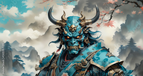 Wallpaper Mural Demon Skull Oni warrior Blue theme Torontodigital.ca