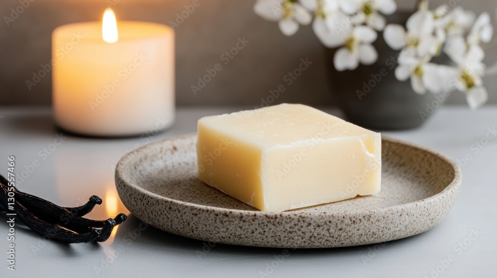 luxurious home dessert concept, cocoa butter and vanilla beans displayed on a ceramic plate in a cozy kitchen, gently illuminated by candlelight luxurious home dessert concept, cocoa butter and vanilla beans displayed on a ceramic plate in a cozy kitchen, gently illuminated by candlelight