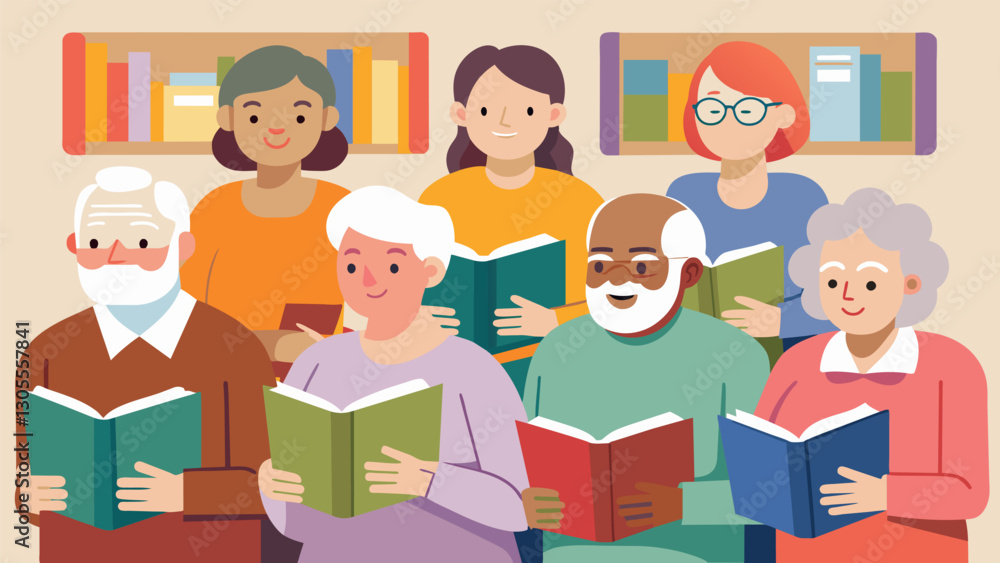 With textbooks in hand a group of seniors sit attentively in a Spanish class determined to master the language for their upcoming trip to South America.. Vector illustration With textbooks in hand a group of seniors sit attentively in a Spanish class determined to master the language for their upcoming trip to South America.. Vector illustration