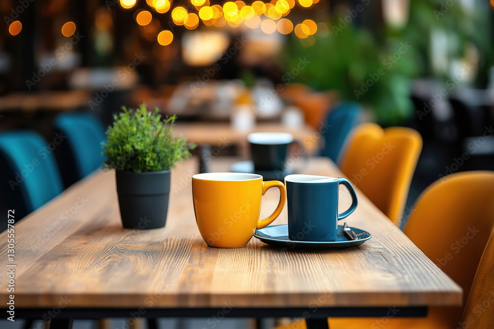 Colorful coffee cups on a wooden table with warm lights in a cozy cafe setting Colorful coffee cups on a wooden table with warm lights in a cozy cafe setting