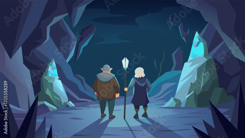 Two elderly friends hiking through a mystical cave with headlamps discovering hidden stalactite and stalagmite formations.. Vector illustration