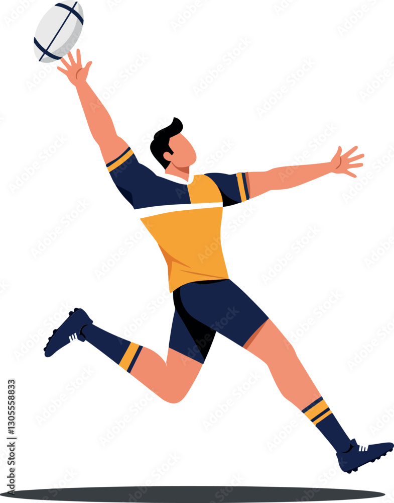 Dynamic rugby player in mid-leap wearing a vibrant blue and yellow uniform showcasing athleticism in a flat vector illustration Dynamic rugby player in mid-leap wearing a vibrant blue and yellow uniform showcasing athleticism in a flat vector illustration