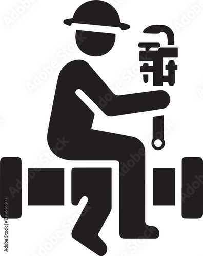 Plumber fixing pipe with wrench black and white vector silhouette graphic