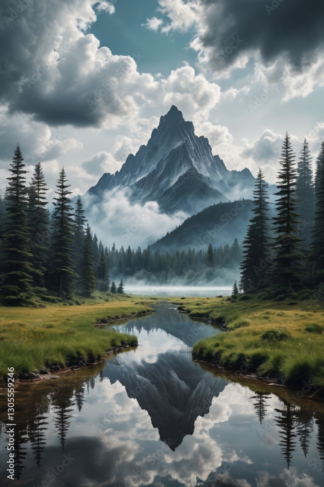 Naklejka premium mountains and trees are reflected in a small stream in a field