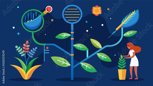 Through genetic sequencing and data analysis scientists uncover previously unknown relationships and connections between different plant species.. Vector illustration