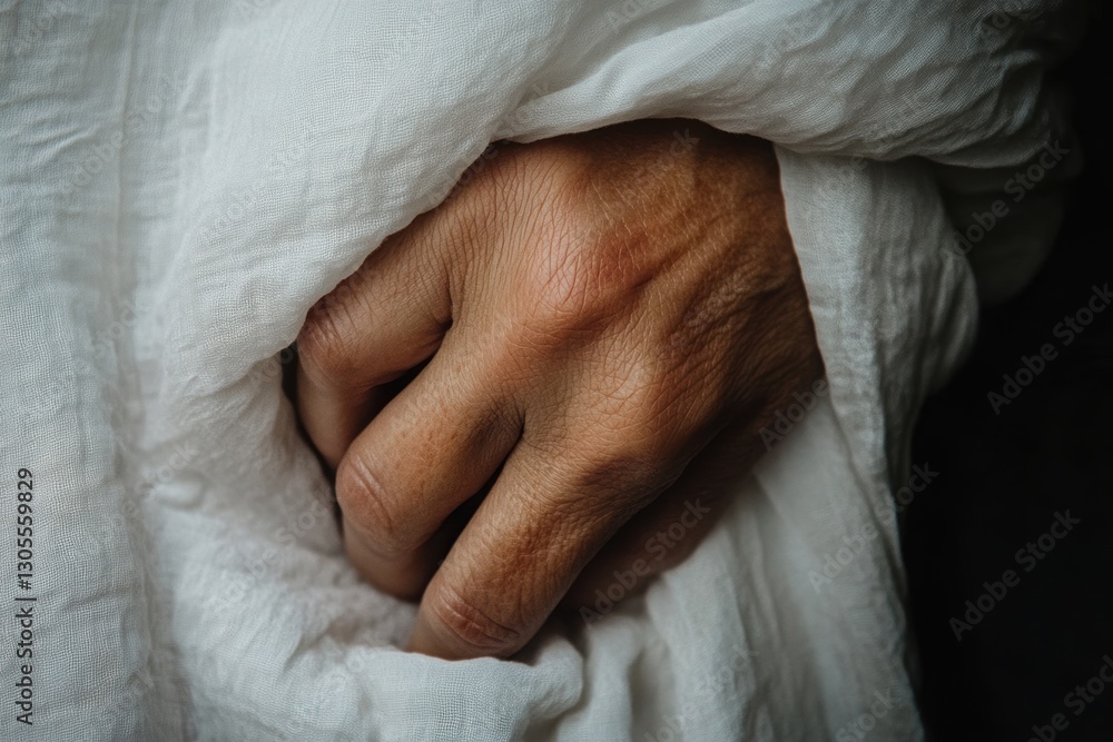 Fototapeta premium A hand clutching a white sheet is unbearable pain .