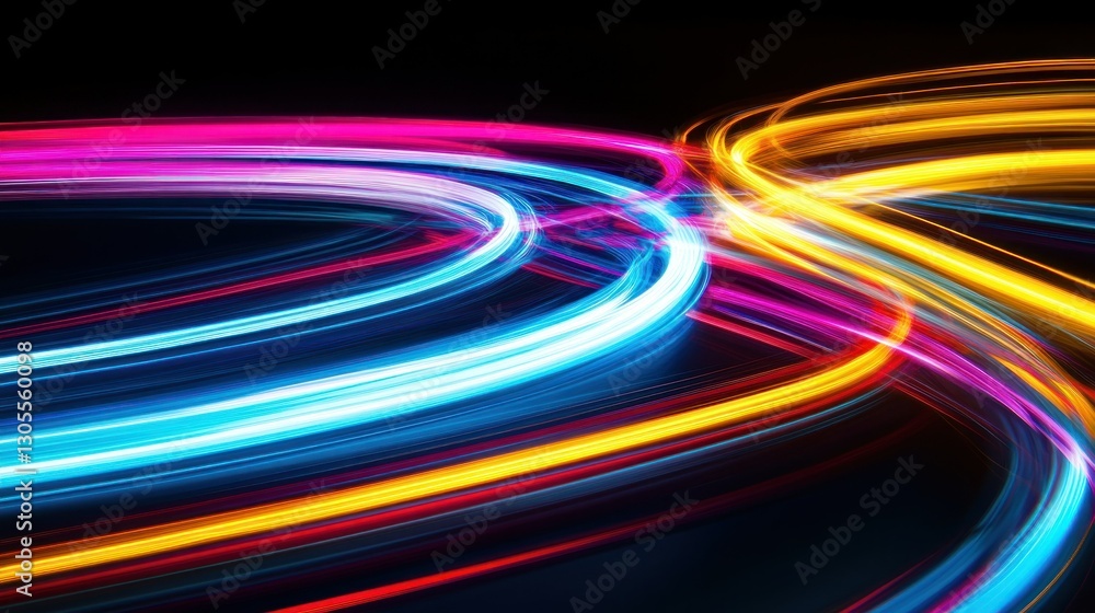 Curved colored light trails against a stark black background Curved colored light trails against a stark black background