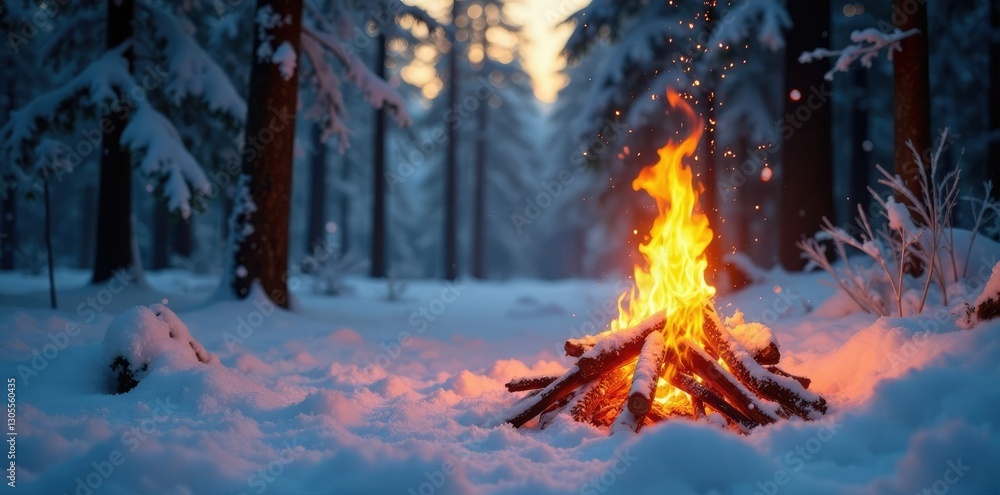 Warm golden flames flicker in a snowy forest landscape, ambiance, snow Warm golden flames flicker in a snowy forest landscape, ambiance, snow