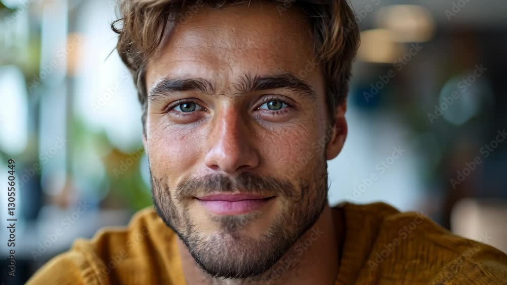 Warm smiling man in cozy sweater enjoying a relaxed day indoors Warm smiling man in cozy sweater enjoying a relaxed day indoors